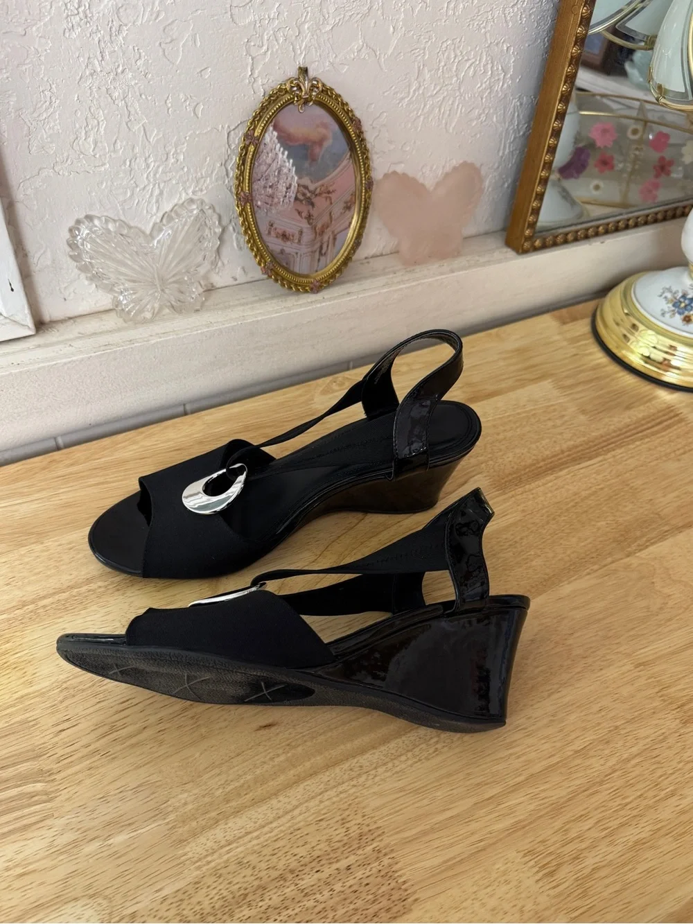 IMPO Black Stretch Slingback Wedge Sandals Size 10 Y2K Peep Toe Comfort Heels